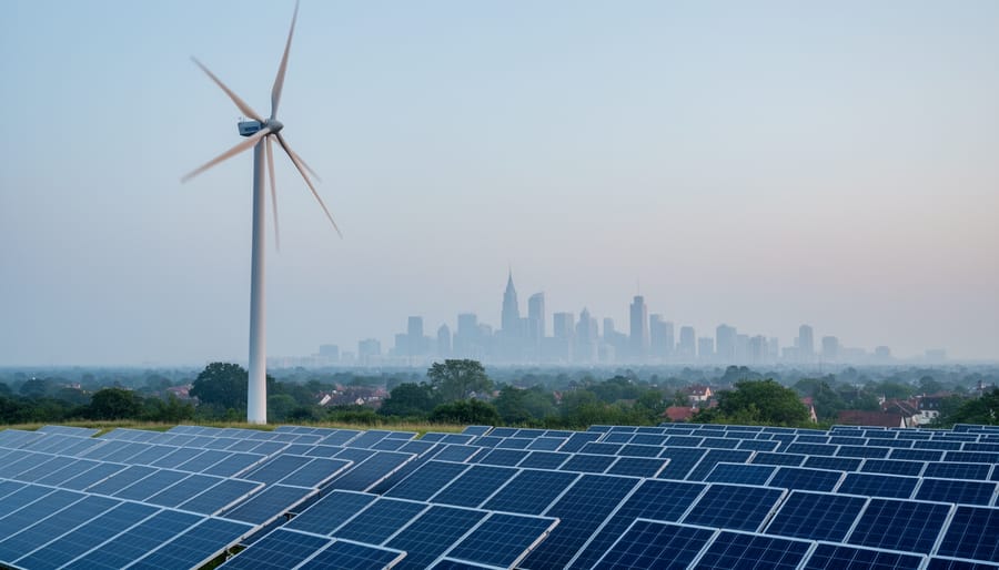 Wind turbine and solar panels in front of a city skyline at dawn, conveying clean energy and greenhouse gas reduction.