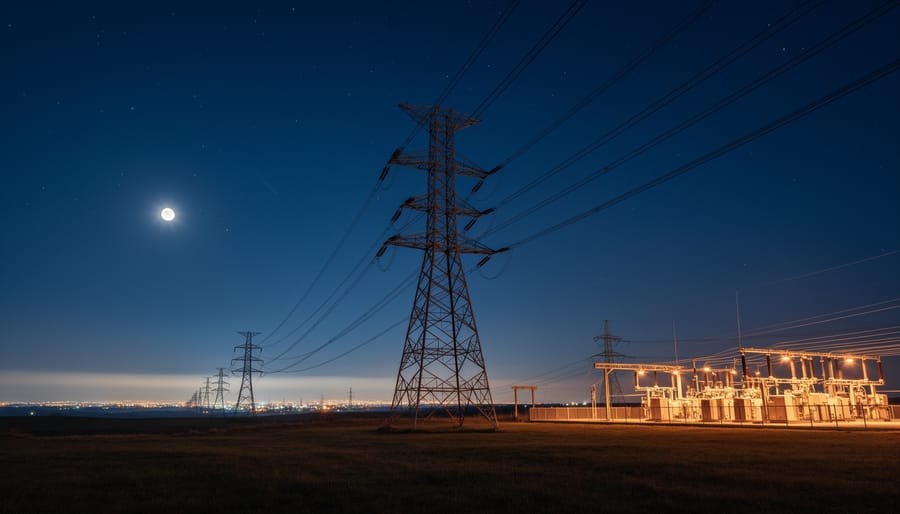 Nighttime view of illuminated transmission towers and power lines