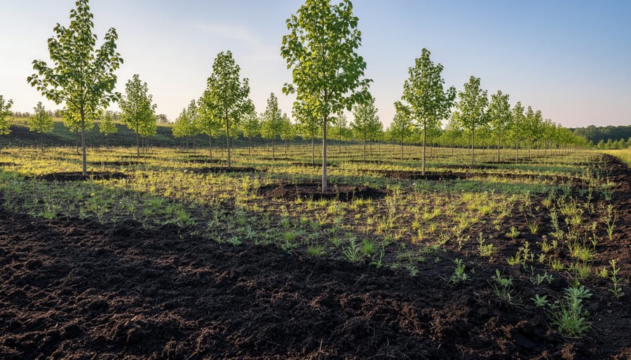 A worker planting a young tree sapling during a reforestation effort