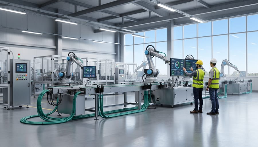 Robotic arms operating inside a modern manufacturing facility