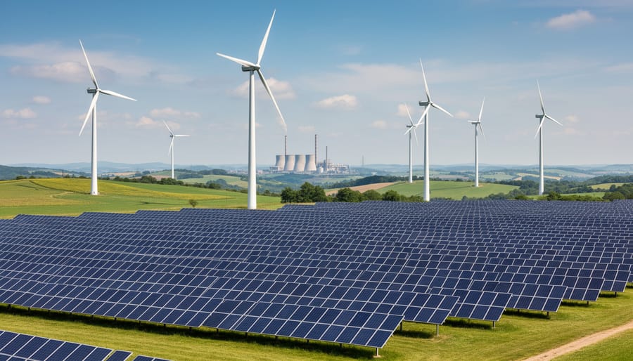 Wind turbines and a small solar installation on a hillside under an overcast sky
