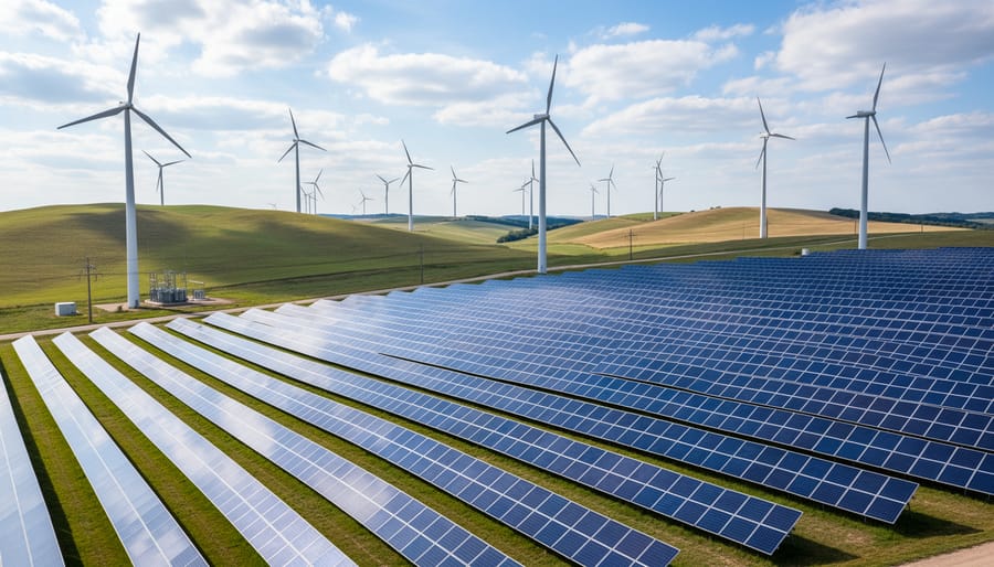 Wind turbines and solar panels visible together at sunrise over a mountainous landscape