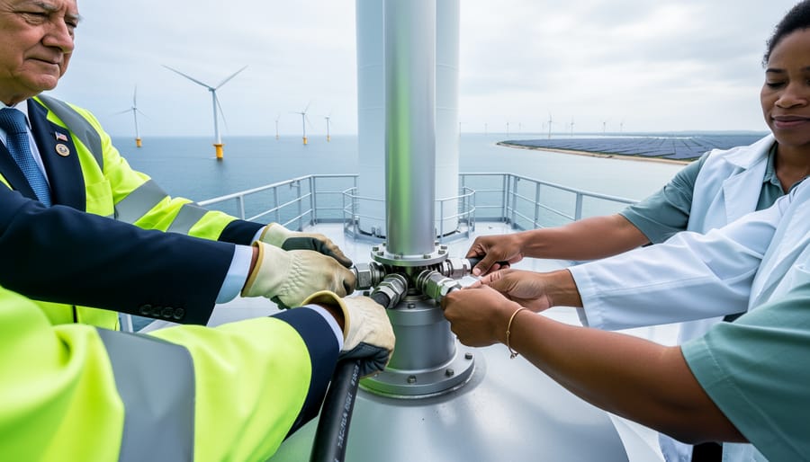 Diverse stakeholders collaborate on renewable energy equipment on an offshore wind platform, with wind turbines and a solar farm visible in the background.