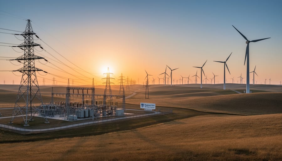 Transmission tower and wind turbines in a landscape under an overcast sky, suggesting interconnected energy networks.