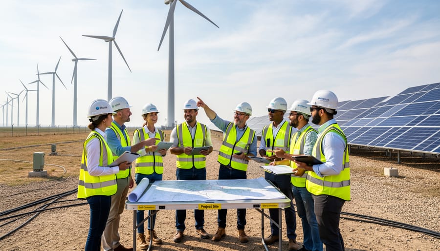 Diverse professionals in hard hats reviewing renewable energy infrastructure at an outdoor solar farm.