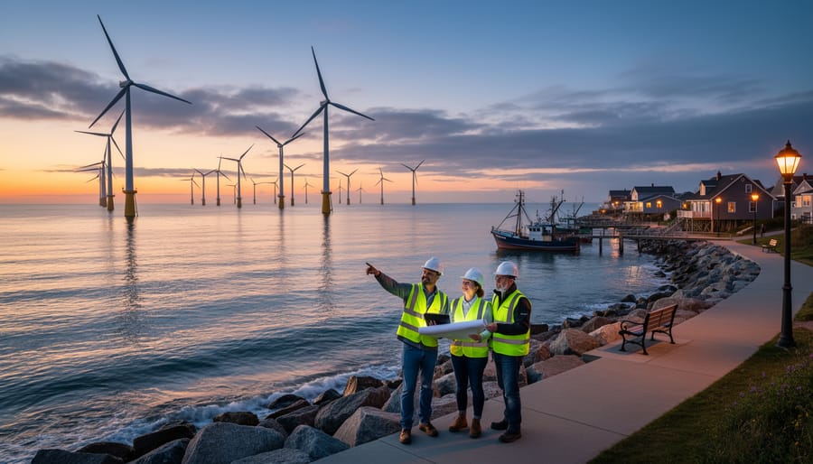 People on a pier at dusk with illuminated offshore wind turbines in the background.